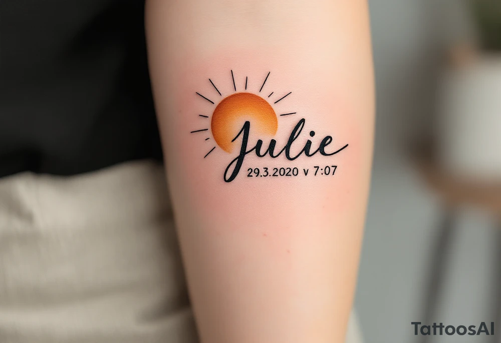 Minimalist sun rising above the name "Julie – 29.3.2020 v 7:07", done in golden ochre and terracotta tones. tattoo idea