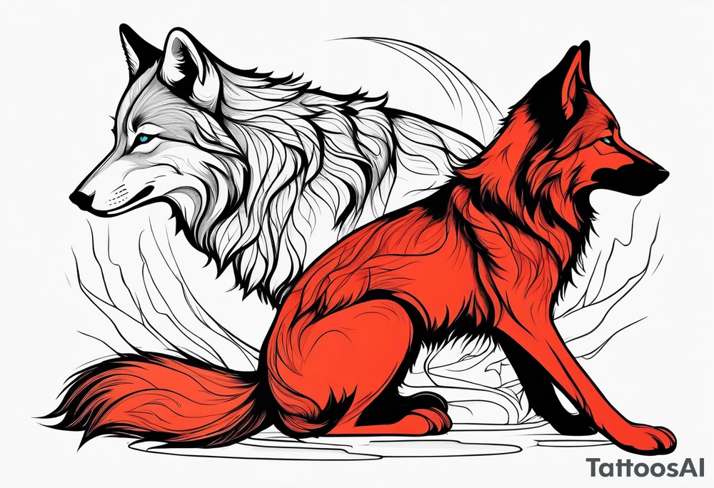 Black wolf and red fox nuzzling tattoo idea