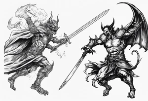 A Paladin in mid-air with his sword and a demon on the other side about to collide with each other in battle. tattoo idea