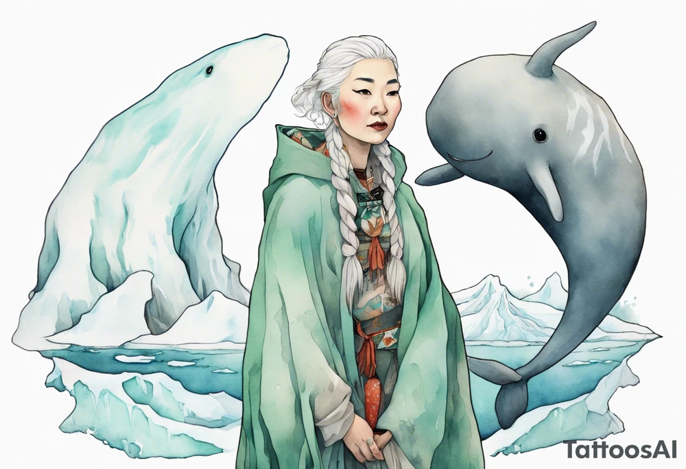 a 40-year-old Sami woman with white  hair wearing a white and mint cloak standing on an iceberg with one narwhal in the background tattoo idea
