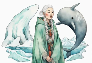 a 40-year-old Sami woman with white  hair wearing a white and mint cloak standing on an iceberg with one narwhal in the background tattoo idea