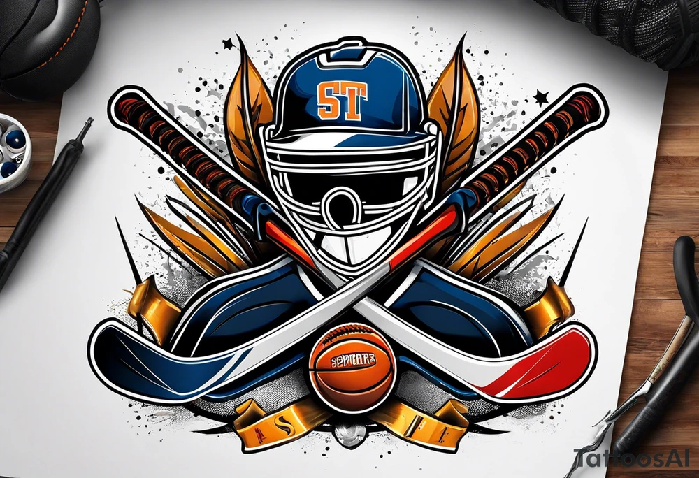 crossed hockey sticks with sports equipment that says "SHOT SPORTS" tattoo idea