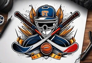 crossed hockey sticks with sports equipment that says "SHOT SPORTS" tattoo idea