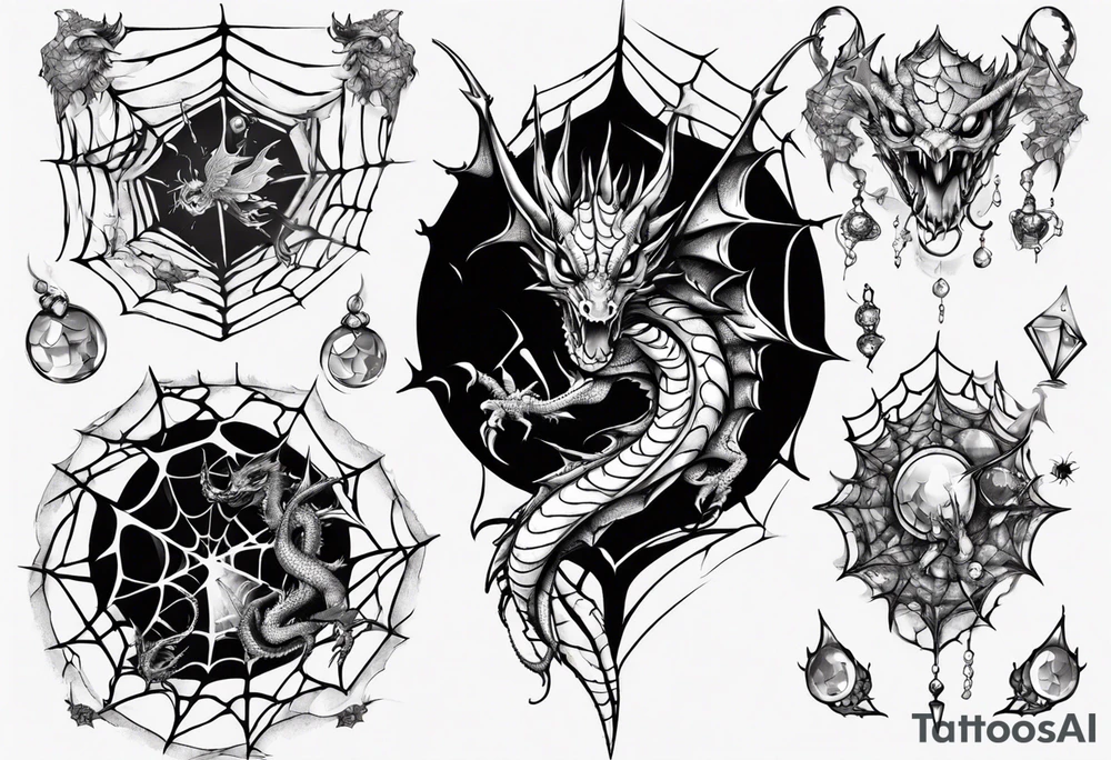 Dragon in a spiral spiderweb with jewels and shattered chalices and one spider tattoo idea
