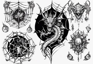 Dragon in a spiral spiderweb with jewels and shattered chalices and one spider tattoo idea
