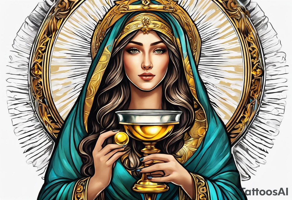 holy saint woman with golden halo holding a chalice tattoo idea