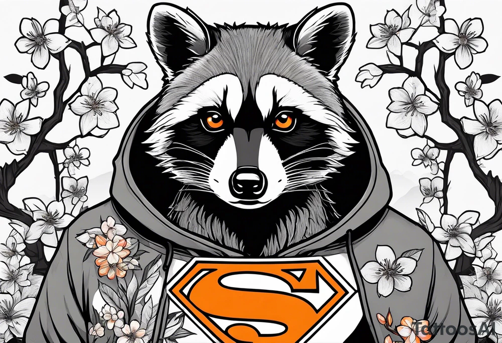raccoon wearing a black and white Superman hoodie and orange Japanese cherry blossoms tattoo idea