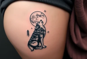 lone wolf howling at full moon with northern lights backdrop tattoo idea