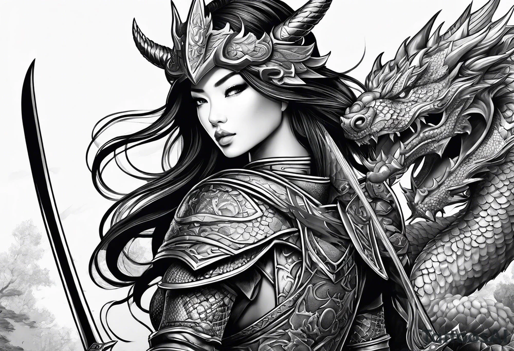 beautiful warrior woman wearing dragon armor tattoo idea