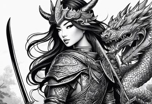 beautiful warrior woman wearing dragon armor tattoo idea