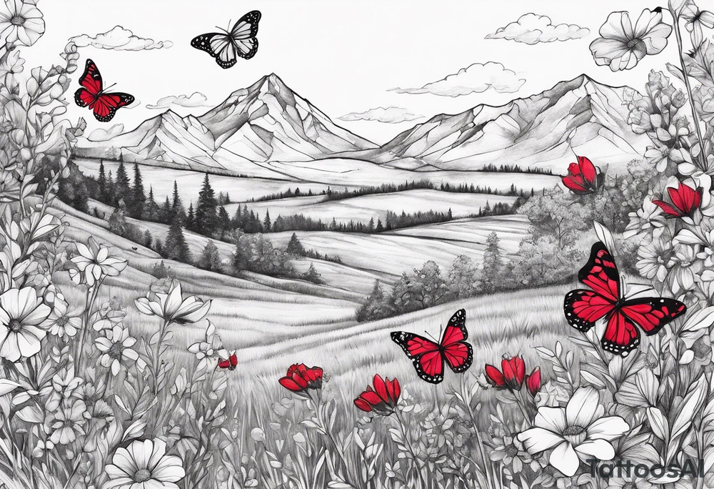 Wildflower field with "Ruby" in calligraphy font and butterflies around it tattoo idea