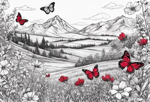 Wildflower field with "Ruby" in calligraphy font and butterflies around it tattoo idea