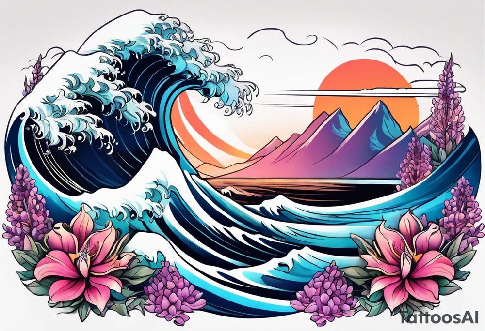 ocean wave surrounded by lupin and fireweed tattoo idea