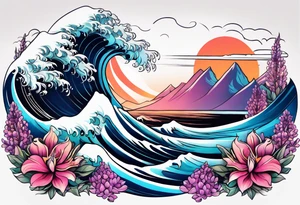 ocean wave surrounded by lupin and fireweed tattoo idea