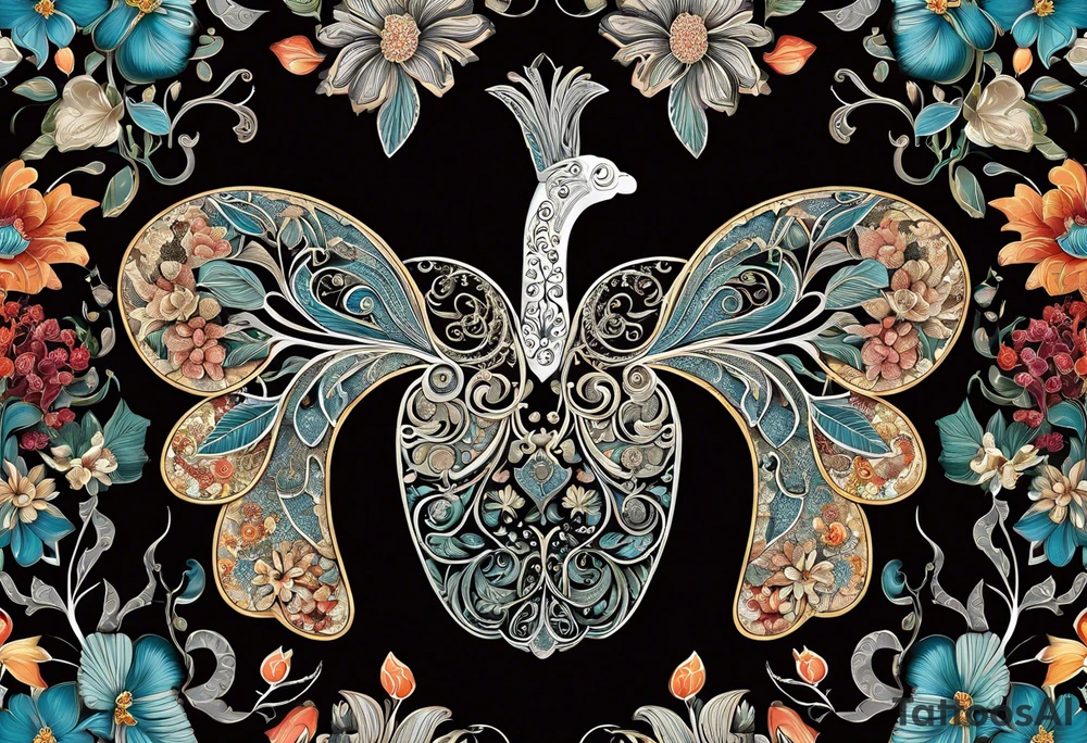 intricate and artistic arrangement of flowers and ornamental patterns that come together to form the shape of human lungs. The design should have a balance of delicacy and detail, with vibrant floral elements seamlessly intertwining to mimic the structure of the lungs, including the bronchi branching into floral motifs. Incorporate subtle shading and depth to give the tattoo a dynamic and organic feel, while maintaining elegance and symmetry tattoo idea