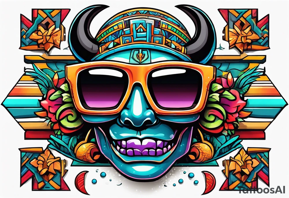 Colorful Mayan hieroglyph wearing sunglasses with bats and water tattoo idea