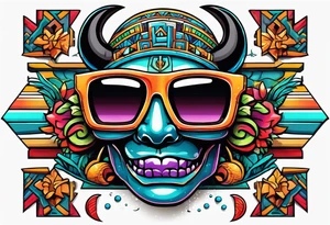 Colorful Mayan hieroglyph wearing sunglasses with bats and water tattoo idea