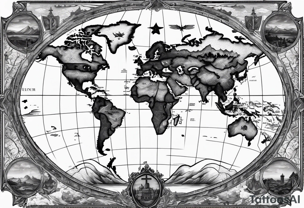 World map with the cross in the middle hovering over it tattoo idea