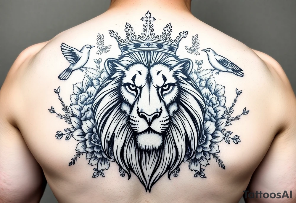 powerful majestic lion with a crown, surrounded by floral ornaments and birds tattoo idea