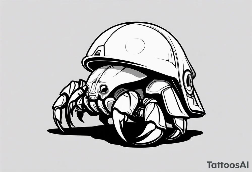 "A minimalist cartoon hermit crab with a Stormtrooper helmet as its shell, black and white, clean lines, simple shapes, the crab's body emerging from the bottom of the helmet, a few legs and claws visible, eyes peeking out from under the helmet, minimalist tattoo style." tattoo idea