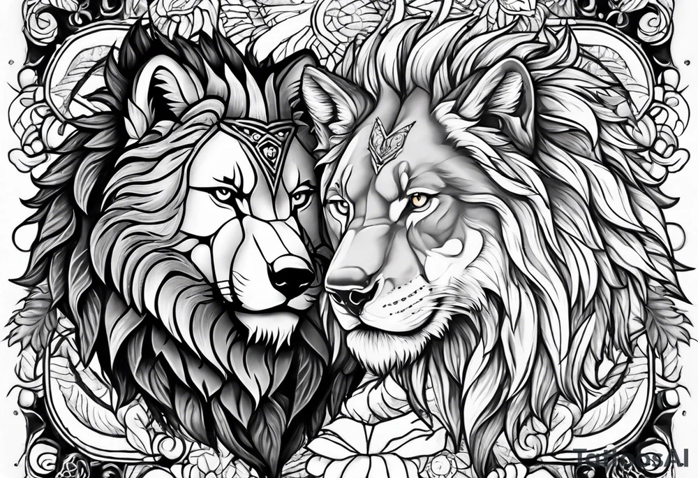 A wolf and a lion facing each other, representing strength and love tattoo idea A wolf and a lion facing each other, representing strength and love tattoo idea