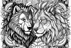A wolf and a lion facing each other, representing strength and love tattoo idea