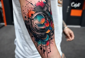 large forearm tattoo with lines, splatters, circles tattoo idea