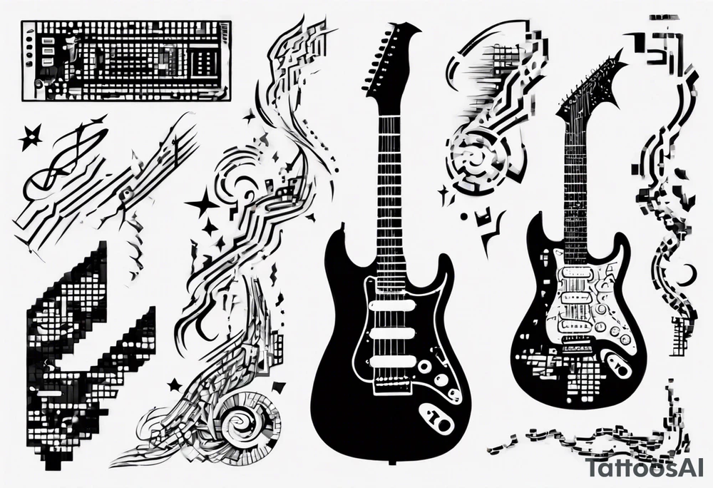 Create a unique tattoo design inspired by my passion for the electric guitar and video games. It could be an abstract representation of musical notes and pixel graphics. tattoo idea
