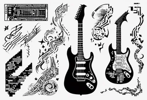 Create a unique tattoo design inspired by my passion for the electric guitar and video games. It could be an abstract representation of musical notes and pixel graphics. tattoo idea