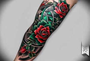 knee piece for men with minimal red and green color accents tattoo idea