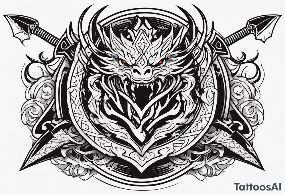 Valhalla sword shield dragon head axe tattoo idea