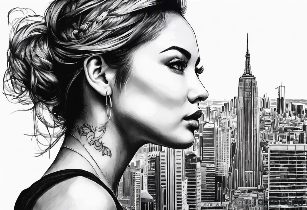 woman face side on. face at the top starts to evolve into a city tattoo idea