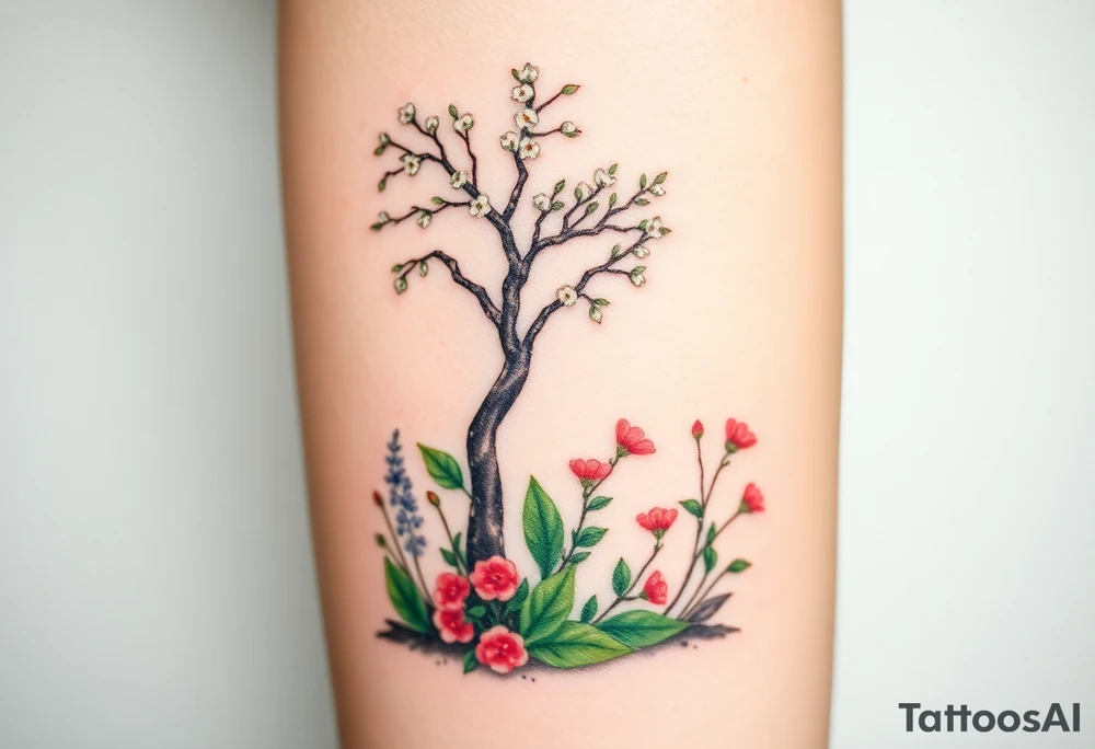 Lilly of the vally plants underneath a blooming hawthorn tree with other plants on ground tattoo idea
