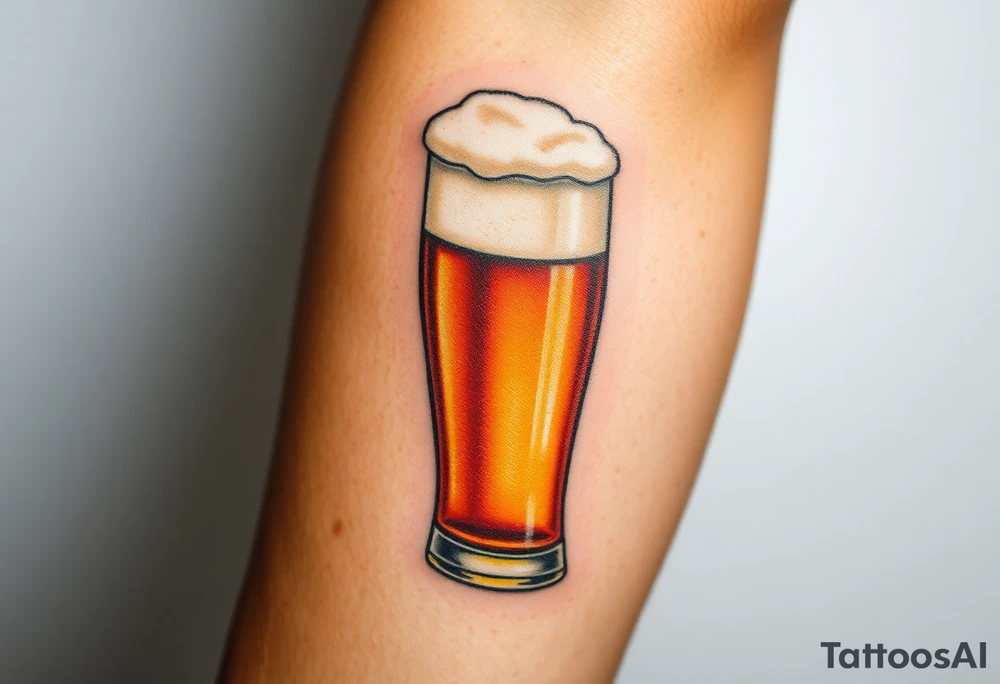 A tall, ice-cold beer glass with a thick white foam head, illuminated by warm amber and honey hues tattoo idea