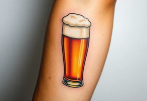 A tall, ice-cold beer glass with a thick white foam head, illuminated by warm amber and honey hues tattoo idea