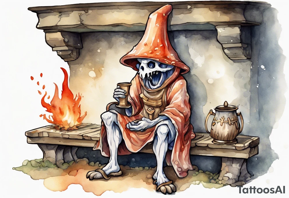 a mushroom-creature wearing a  medieval tunic sitting on a bench by a fireplace drinking from a wood cup, laughing tattoo idea