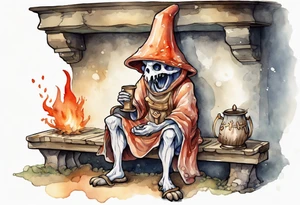 a mushroom-creature wearing a  medieval tunic sitting on a bench by a fireplace drinking from a wood cup, laughing tattoo idea