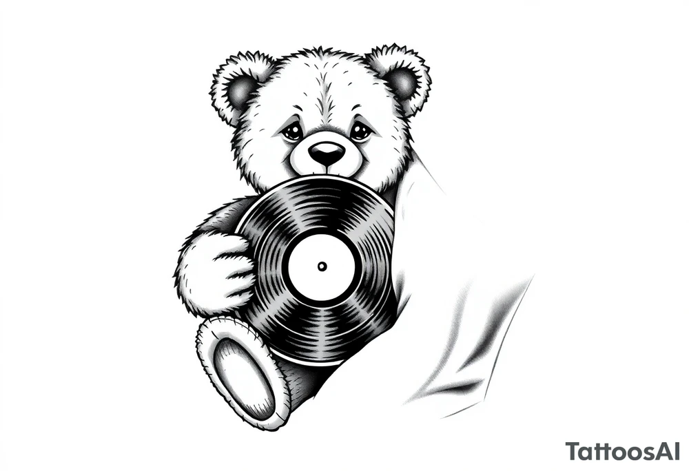 smiling teddy bear holding a vinyl record tattoo idea