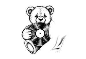 smiling teddy bear holding a vinyl record tattoo idea