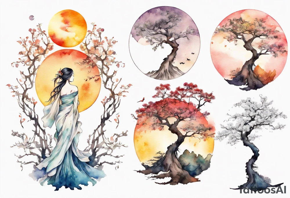 A tree shaped like a beautiful woman reaching towards the sun tattoo idea
