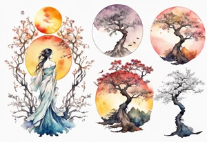 A tree shaped like a beautiful woman reaching towards the sun tattoo idea