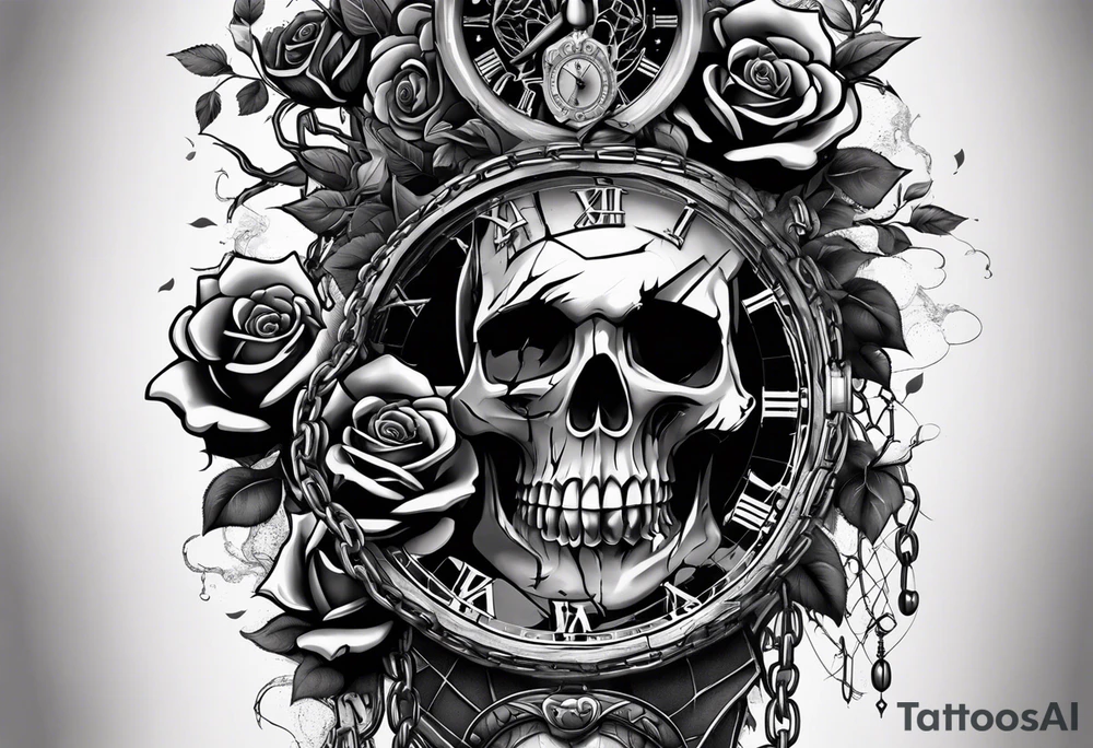 tattoo fool sleeve, tree roots break out of the chains at the bottom of the hand, broken mask, Clock with flying numbers, girl, skull, roses, less shadows tattoo idea