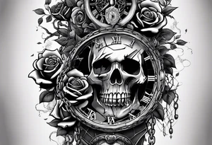 tattoo fool sleeve, tree roots break out of the chains at the bottom of the hand, broken mask, Clock with flying numbers, girl, skull, roses, less shadows tattoo idea