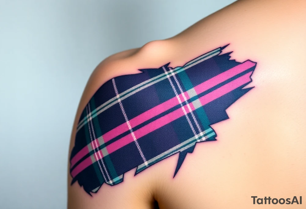 Side of arm Dark Purple with green pink blue and white highlights tartan fabric with skin peeling away at edges tattoo idea