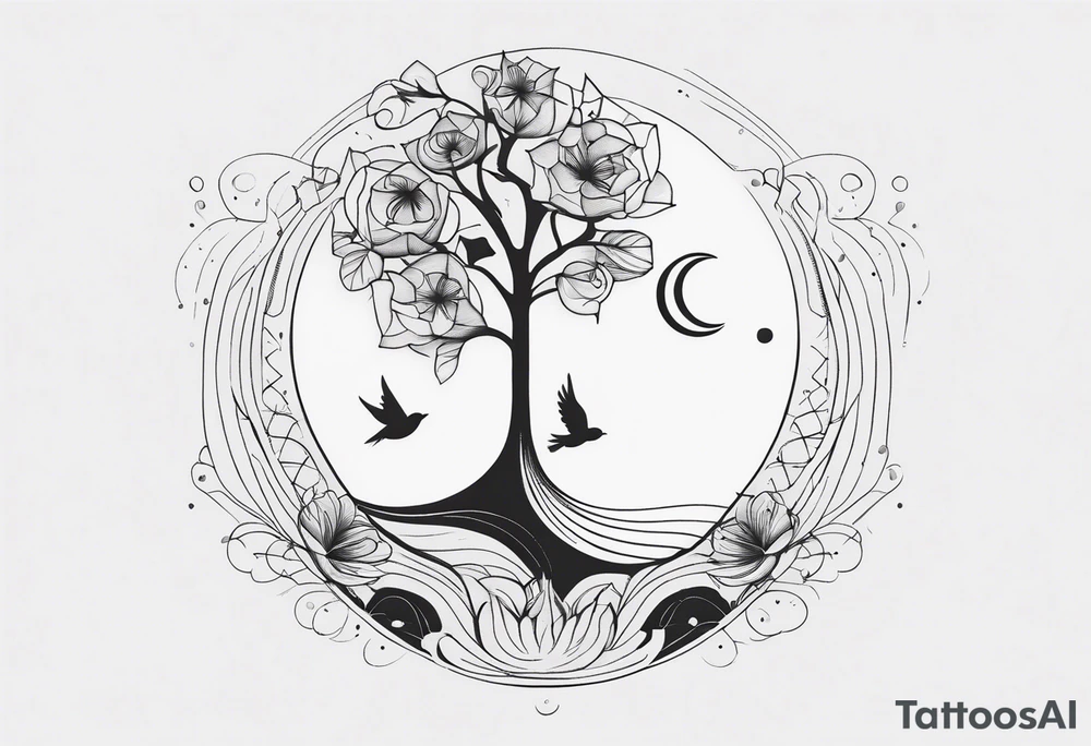 A minimalist tattoo design featuring a vertical composition. At the center is a large, abstract flower with intricate dotted shading and clean lines. A delicate tree with bare branches grows from the top of the flower, while flowing leaves emerge from the bottom. Surrounding the flower are abstract elements like small geometric shapes, a few birds, and a crescent moon, all positioned in a visually balanced way. There’s a circular solar element near the flower, with rays extending outward. The entire design is made up of fine lines, dot work, and subtle shading, creating a harmonious mix of nature and geometric abstraction. Make the tattoo vertically aligned, skinnier width and longer width tattoo idea