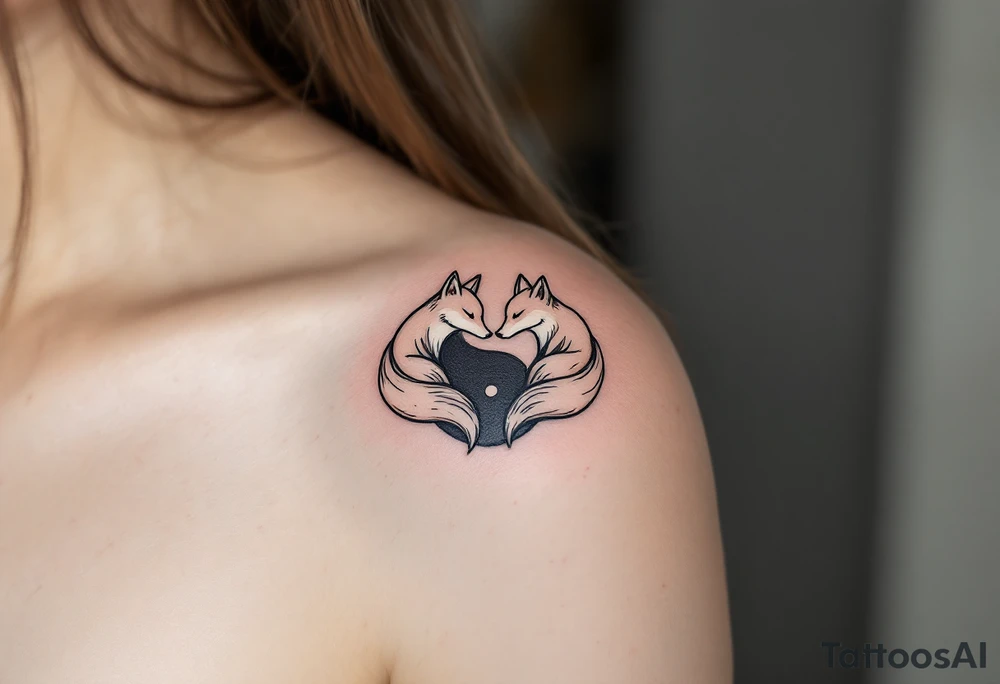 A black and white yin-yang formed by curled foxes on both partners shoulder blade. tattoo idea