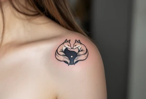 A black and white yin-yang formed by curled foxes on both partners shoulder blade. tattoo idea