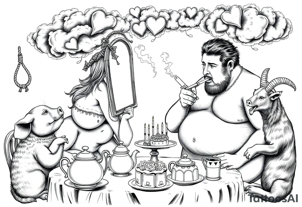 naked fat lady having a tea party with tea pots and 
with a pig, peacock, noose, lion, goat, smoking cigerettes looking in the mirror having sex with a man eating a cake thru storm clouds with knife and broken hearts and darkness and wrath, envy , gluttony, greed, tattoo idea