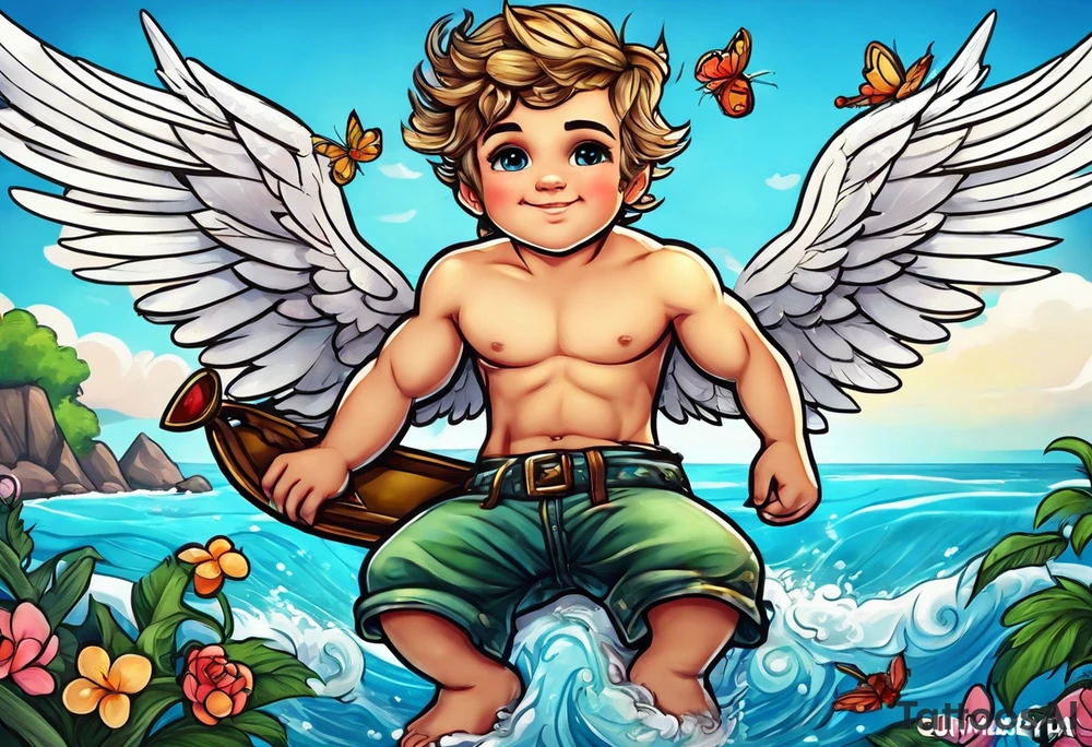 cupido  fly boy with wings, background sea tattoo idea