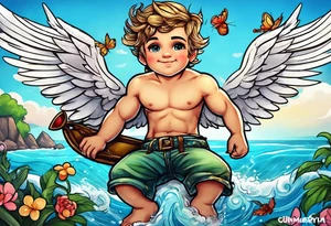 cupido  fly boy with wings, background sea tattoo idea